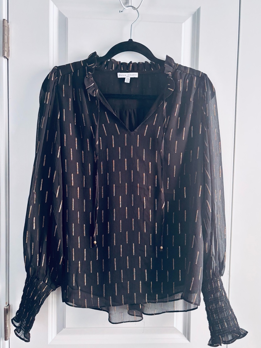 Women’s Black Sheer Blouse with Metallic Gold Accents
